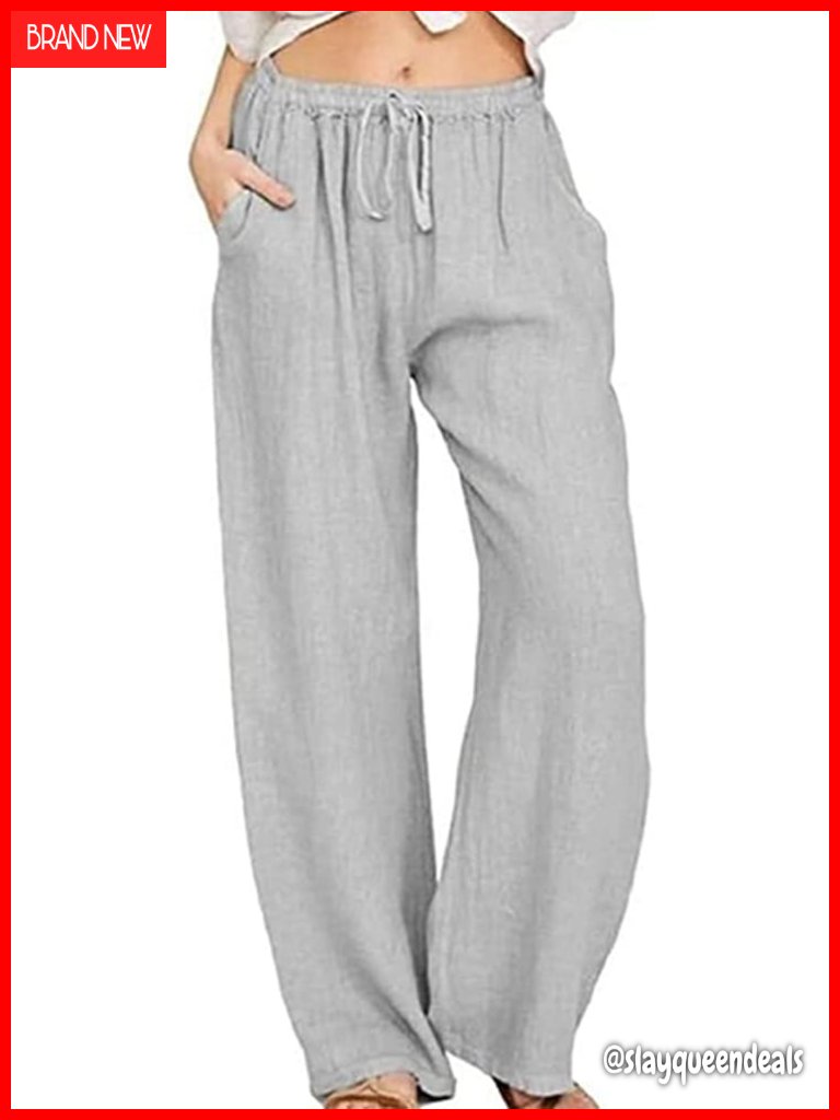 Cotton Linen Drawstring High Waisted Wide Leg Palazzo Pants